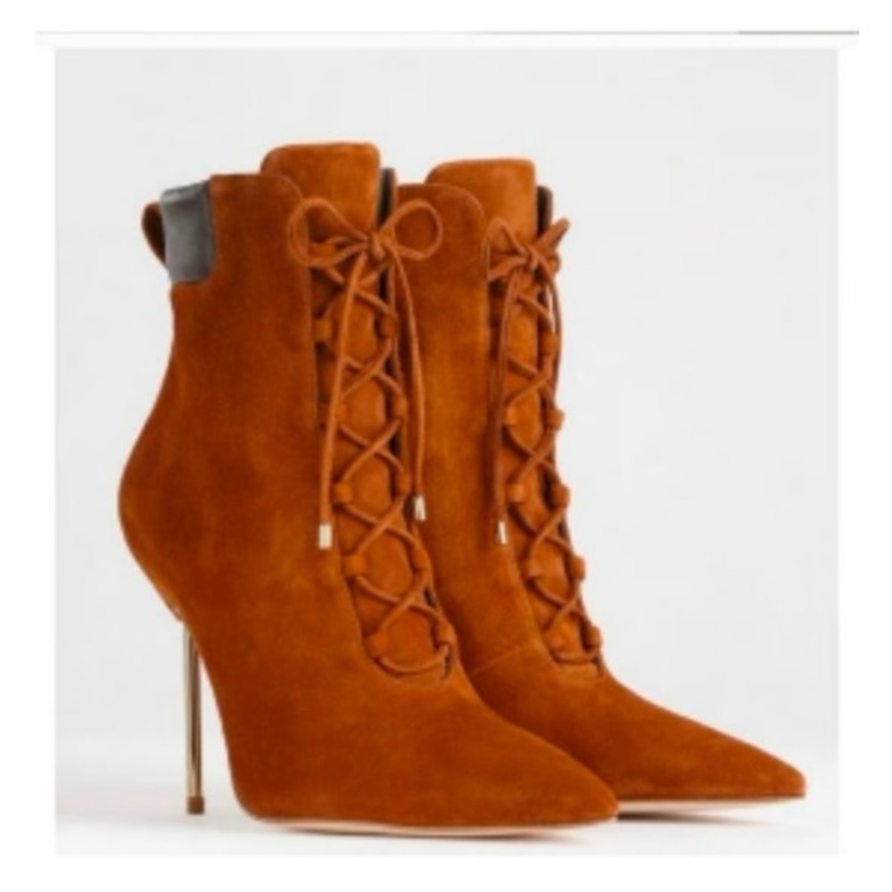 Good American Scandal Suede Tobacco Lace-up Bootie 8.5